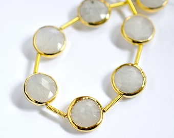 Small Rainbow Moonstone Rimmed Beads - 18kt Gold Vermeil Bezel - Moonstone Beads - Faceted Coin - Average 10 to 11mm - One Bead