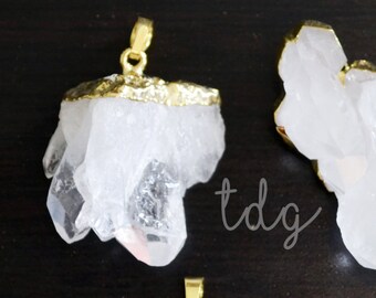 Raw Rock Crystal Druzy Point Bead Pendant Dipped in Gold, Crystal Point Pendant, 40x20mm