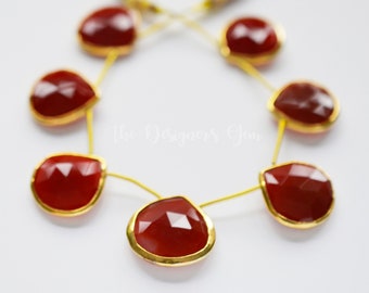 Red Onyx Large Teardrop Beads - 18k Gold Vermeil Bezel - Faceted Heart Briolette Top Drilled - Red Onyx Pendant - Average 20-22mm - One Bead