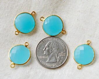 Blue Chalcedony Connector - 24kt Gold Vermeil Bezel - 22x16mm - Aqua Blue Chalcedony Pendant - Gemstone Connector - Round Coin Shape