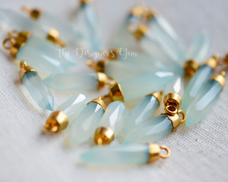 Point Pendant 24kt Gold Electroplate Crystal Pendant Chalcedony Bullet 23 x 6mm Aqua Chalcedony Pendant
