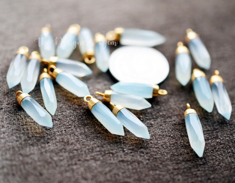 Point Pendant 24kt Gold Electroplate Crystal Pendant Chalcedony Bullet 23 x 6mm Aqua Chalcedony Pendant
