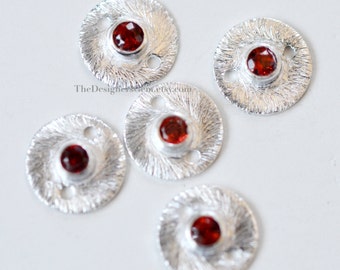 NEW Sterling Silver Round Connector with Garnet Gemstone 10mm - Bezel Link, 925, Station, Charm
