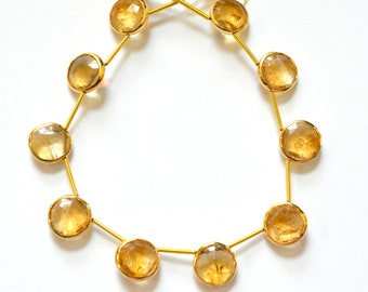 Natural Citrine Rimmed Beads - 24kt Gold Vermeil Bezel - Citrine Beads - Faceted Top Drilled Coin - 11-12mm - One Bead