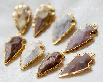 Arrowhead Pendant - Japser Arrowhead - Natural Arrowhead - 24k Gold Electroplate - 35x19mm