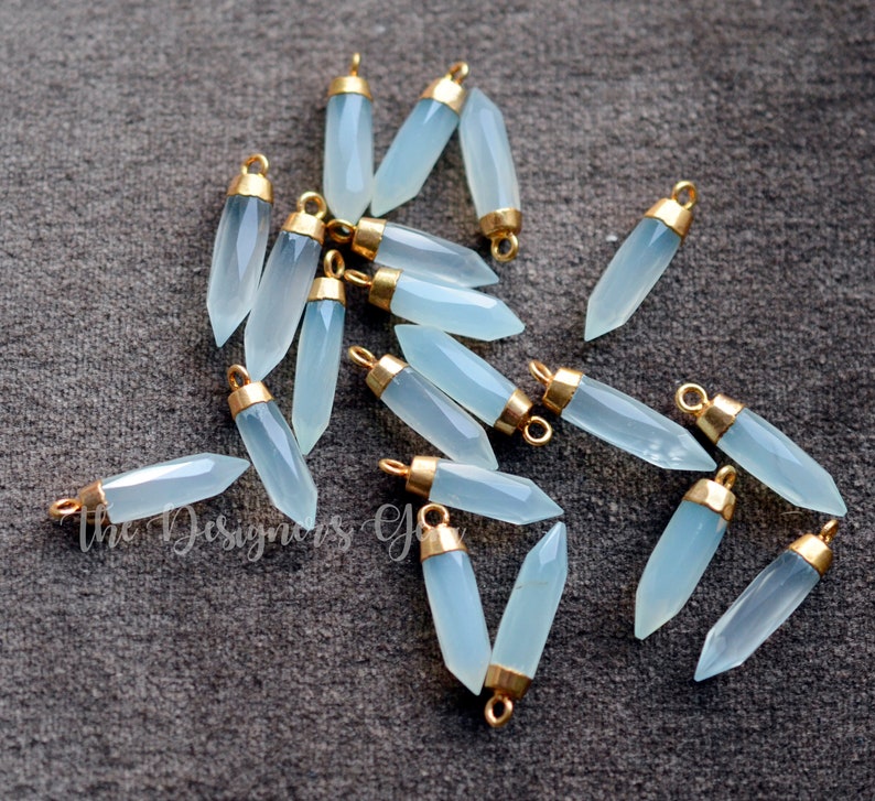 Point Pendant 24kt Gold Electroplate Crystal Pendant Chalcedony Bullet 23 x 6mm Aqua Chalcedony Pendant
