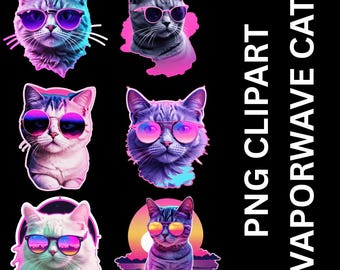Puede incluir: Seis ilustraciones de gatos al estilo vaporwave, cada uno con gafas de sol con lentes rosas y moradas. Los gatos están representados en tonos azules, rosas y grises, sobre un fondo negro. El texto dice "PNG CLIPART VAPORWAVE CAT."