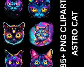 Puede incluir: Una colección de seis retratos de gatos vibrantes y estilizados con temática cósmica. Cada gato presenta colores neón brillantes, incluyendo rosa, azul, amarillo y morado, sobre un fondo negro. El texto a la derecha dice "85+ PNG CLIPART ASTRO CAT."