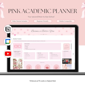 Pink Notion studentplanerare | Akademisk, veckovis, vane-, egenvårdsdagbok (digital nedladdning)