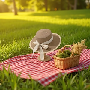 May include: A brown sun hat with a white ribbon and lace trim on a wooden stand, on a red and white checked picnic blanket. A small wicker basket with greenery and dried flowers is also present.
