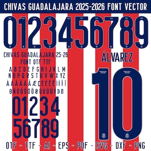 Chivas Guadalajara 25-26 Jersey Font Vector, Football Season 2025-2026, Font Otf,Ttf, Editable vector font Ai, Eps, Pdf.,Svg, Shirt football