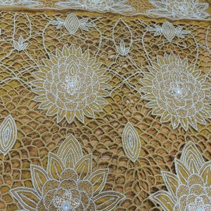 Elegant White & Gold George Lace Fabric – African Bridal Lace | Hand Embroidery Fabric for Wedding Dress