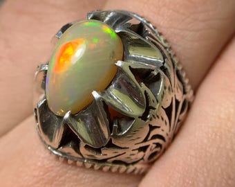 Pear Shape Natural Opal Gemstone In Handcrafted Silver Ring