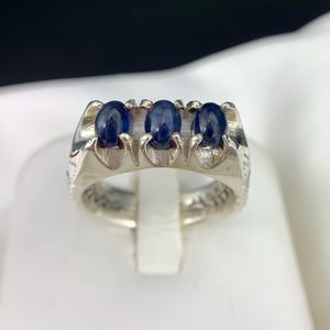 3 Natural Cabochon Sapphires In Attractive Handmade Silver Ring