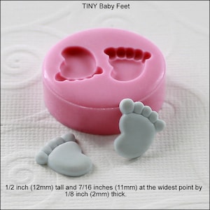 May include: Pink silicone mold with two baby foot impressions. The mold is 1/2 inch (12 mm) tall and 7/16 inches (11 mm) wide. Two gray silicone baby feet are shown next to the mold.