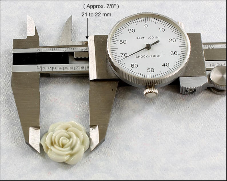 Pu&ograve; includere: Una rosa in ceramica bianca che misura circa 7/8 pollici o 21-22 millimetri, misurata con un calibro.
