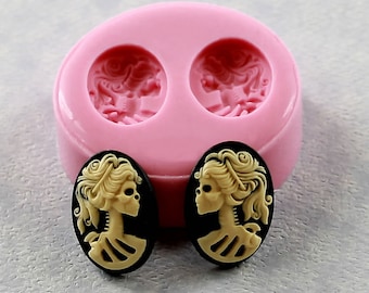 Lolita Skull Mold Day of the Dead Cameos 18mm by 13mm Resin Polymer Clay Earrings (261)