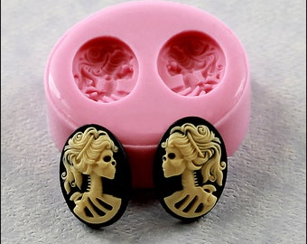 Lolita Skull Mold Day of the Dead Cameos 18mm by 13mm Resin Polymer Clay Earrings (261)