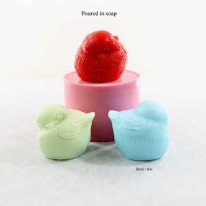 May include: Three bird-shaped soap molds, one red, one light green, and one light blue. The molds are sitting on a pink silicone base. The text "Poured in soap" is at the top of the image and "Back view" is at the bottom.