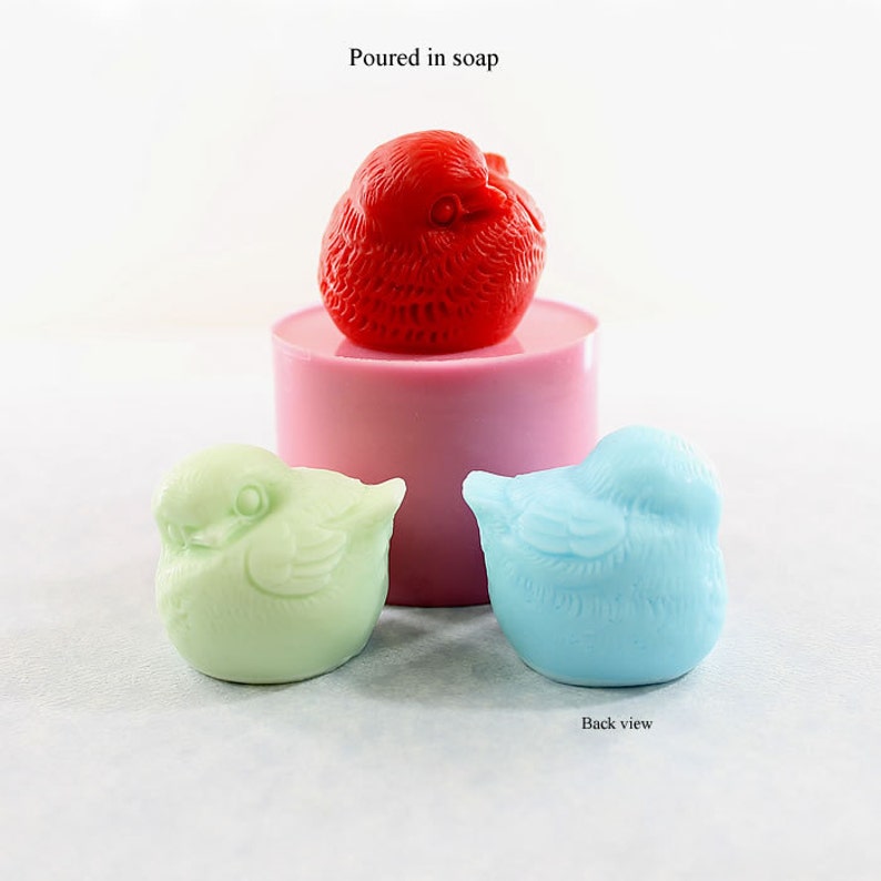 May include: Three bird-shaped soap molds, one red, one light green, and one light blue. The molds are sitting on a pink silicone base. The text "Poured in soap" is at the top of the image and "Back view" is at the bottom.