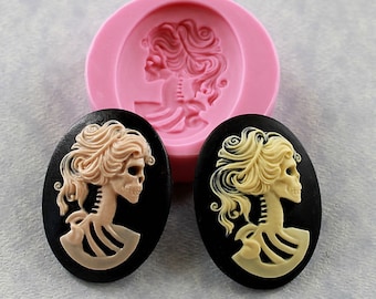 Lolita Day of the Dead Skull Cameo Mold Mould 40mm Resin Fondant Polymer Clay Chocolate (270)