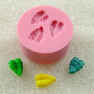 May include: Pink silicone mold with three leaf shapes. The mold is used to create edible decorations for cakes and other desserts. There are three leaves made with the mold, one green, one yellow, and one blue.