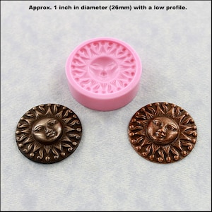 May include: A pink silicone mold for making sun-shaped resin crafts. The mold is 1 inch in diameter and features a detailed sun design with a face.