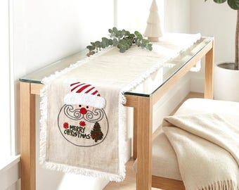 Camino de mesa navideño bordado / Papá Noel, algodón con flecos (30 x 183 cm) / Decoración bohemia étnica