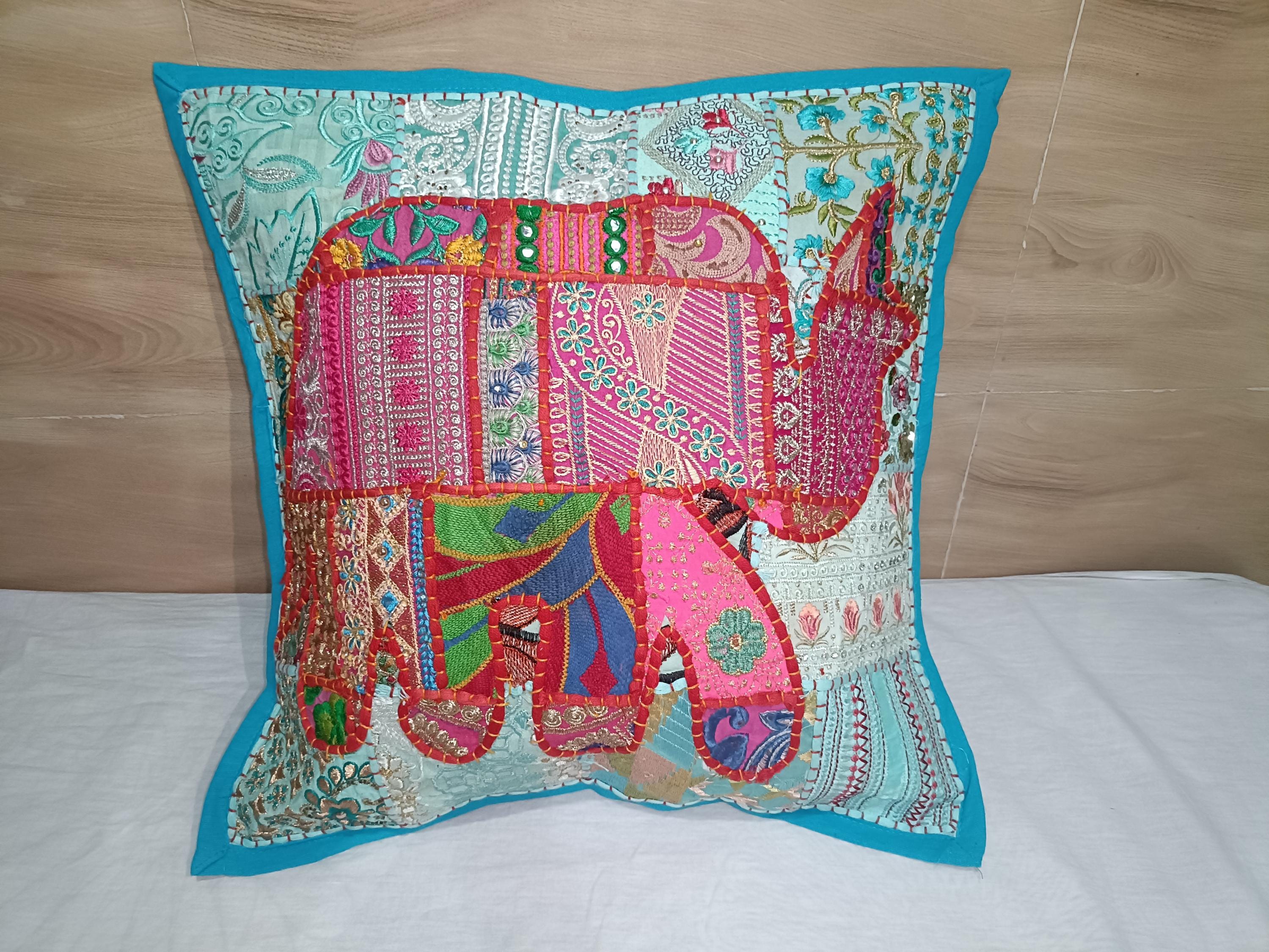 Handmade Elephant Patchwork Cushion Cover: Boho Indian Pillow (16x16)