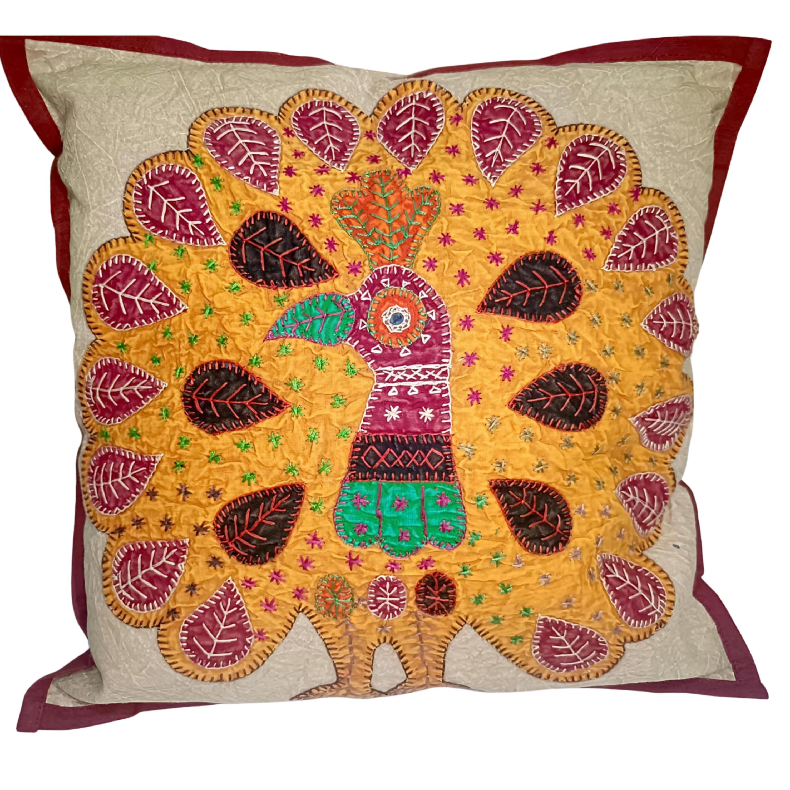 Handmade Applique Cushion Cover: India Ethnic Pillow, Bohemian