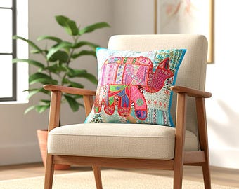 Handmade Elephant Patchwork Cushion Cover | Boho Cotton Pillow, Rajasthani Decor | Housewarming Gift