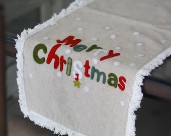 Embroidered Christmas Table Runner: Handmade Cotton Linen Holiday Decor  12x72 Inch
