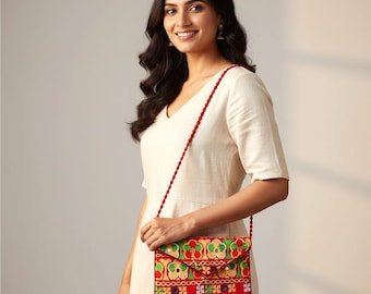 Embroidered Mirror Work Sling Bag | Indian Ethnic Boho Crossbody Purse (17 x 24 cm)