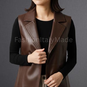 Women’s Genuine Cowhide Leather Vest – Handmade Real Brown Leather Sleeveless Waistcoat with Lapel Collar