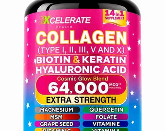 Suplemento de péptidos de colágeno tipo I, II, III, V y X, biotina, queratina, ácido hialurónico, quercetina, folato y mezcla de MSM. Fórmula para el cuidado de la piel, el cabello y las uñas.