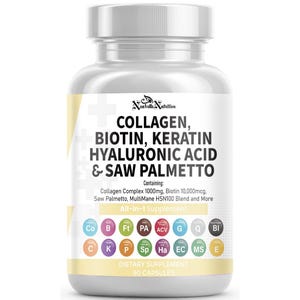 May include: A clear plastic bottle of dietary supplement capsules. The label features the text "COLLAGEN, BIOTIN, KERATIN, HYALURONIC ACID & SAW PALMETTO." The bottle contains 90 capsules and is an all-in-1 supplement.