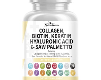 Péptidos de colágeno, biotina, queratina, ácido hialurónico, palma enana americana, vinagre de manzana, quercetina, folato. 90 cápsulas. Suplemento todo en uno.