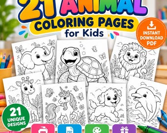 Può includere: Una raccolta digitale di 21 pagine da colorare di animali per bambini con disegni al tratto in bianco e nero di un elefante, una tartaruga, un leone, una giraffa, un unicorno, un cucciolo e un delfino. Il testo recita 21 ANIMAL COLORING PAGES.
