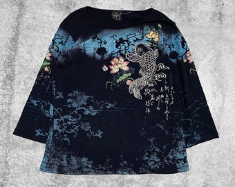 00s Y2K 2000s Koi Fish Collage Bling Top Sz M/L