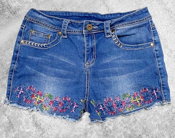 00s 2010s Emo Scene Floral Denim Shorts Sz S