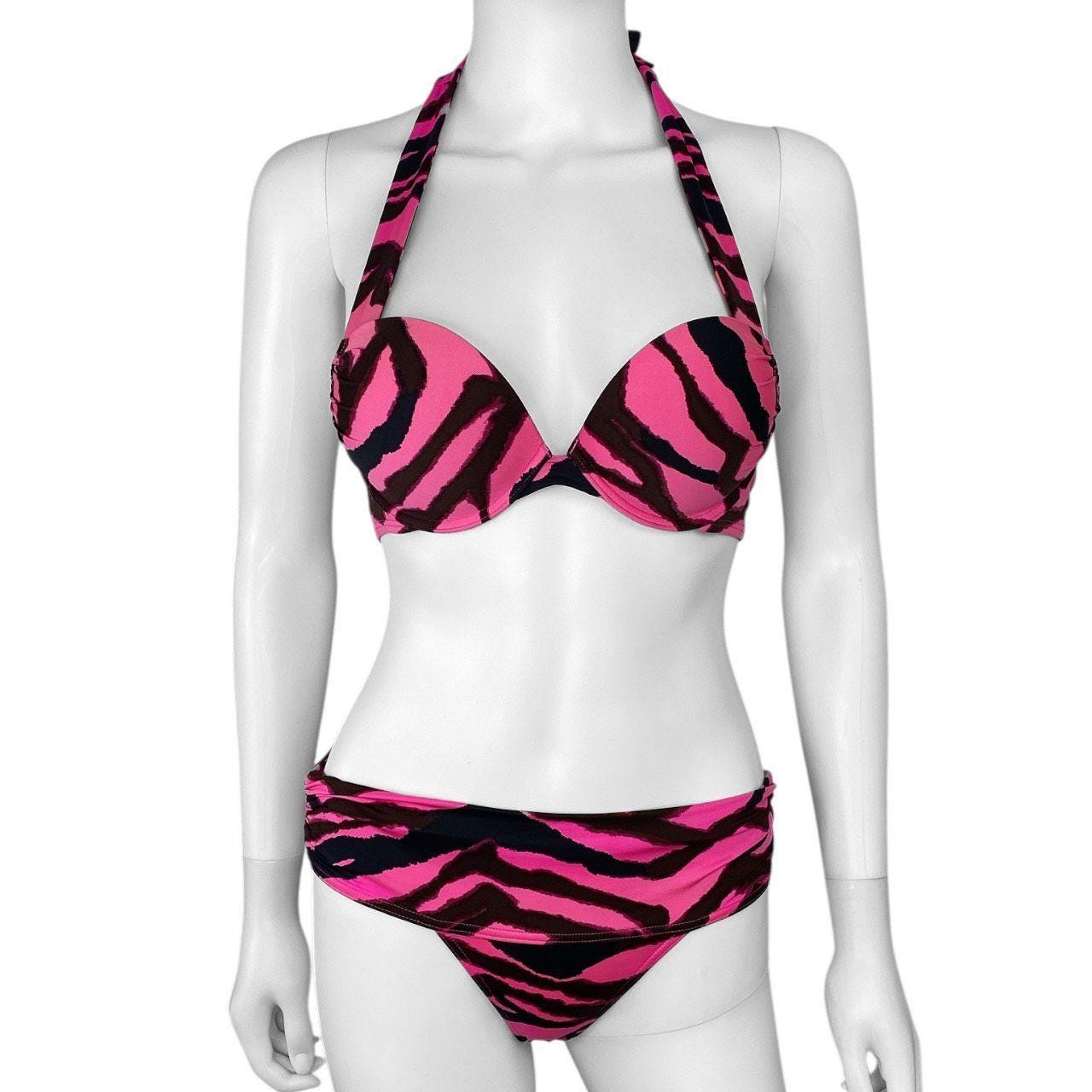 Y2K 00s Victoria's Secret Bimbo Pink Zebra Pushup Swimsuit Set Sz