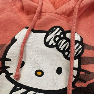 May include: A coral-colored hoodie featuring a large graphic of Hello Kitty. The graphic is primarily white with black outlines and a yellow nose. The hoodie has a drawstring and a striped pattern on the lower portion of the graphic.