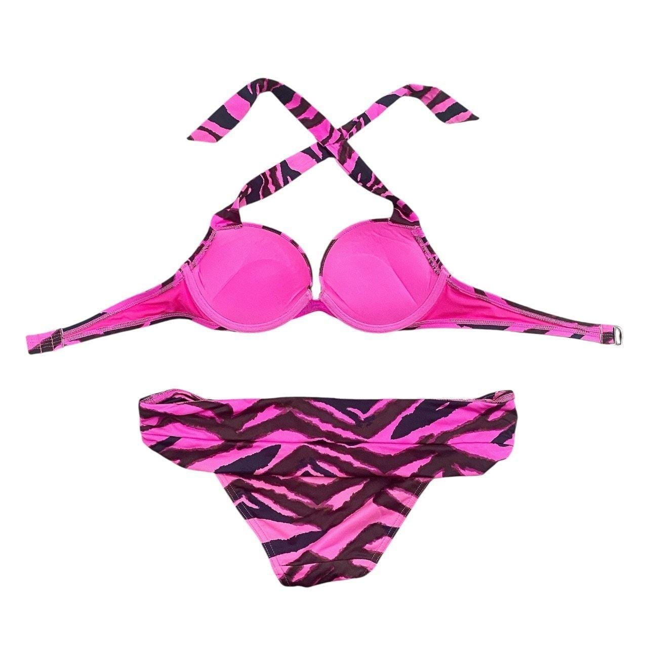 Y2K 00s Victoria's Secret Bimbo Pink Zebra Pushup Swimsuit Set Sz