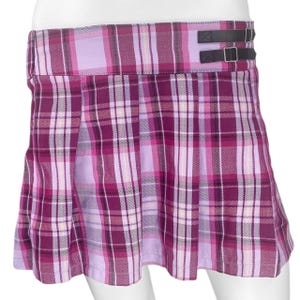 May include: A pleated plaid skirt in shades of purple, pink, and white. The skirt features a wide waistband with two black faux leather straps and buckles. The fabric has a classic tartan pattern.