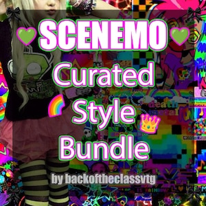 Könnte beinhalten: Ein lebendiges Bild mit dem Text "SCENEMO Curated Style Bundle" in einer kräftigen, farbenfrohen Schrift. Das Bild enthält einen Regenbogen, eine Krone und ein Herz. Der Hintergrund ist eine Collage aus verschiedenen bunten Mustern und Bildern. Der Text "by backoftheclassvtg" ist ebenfalls vorhanden.