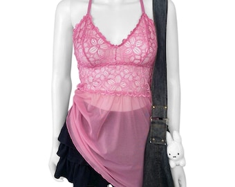 00s 2010s Pink Bimbo Coquette Floral Lingerie Babydoll Sz S/M