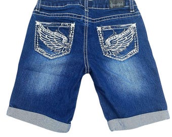 Y2K 2000s Soundgirl Bling Wing Denim Shorts Sz XS