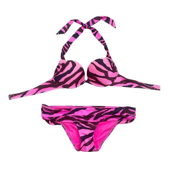 Y2K 00s Victoria's Secret Bimbo Pink Zebra Pushup Swimsuit Set Sz