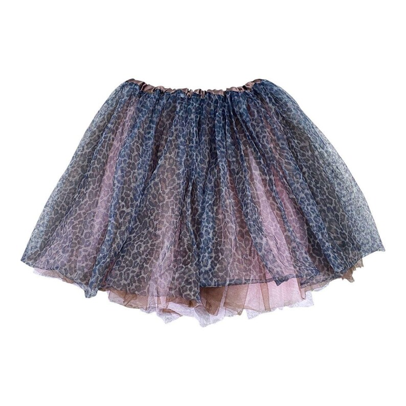 May include: A layered tutu skirt with a leopard print pattern in shades of blue, pink, and brown. The skirt has an elastic waistband and is made of sheer fabric. The skirt is designed for dance or costume.