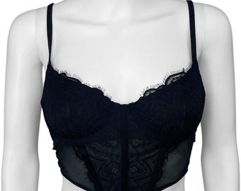 00s Vintage Goth Emo Black Lace Corset Bra Sz XS A Cup